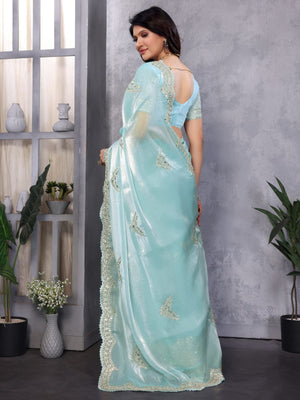 Rajwada Sky Blue Chiffon Embroidered Saree For Women