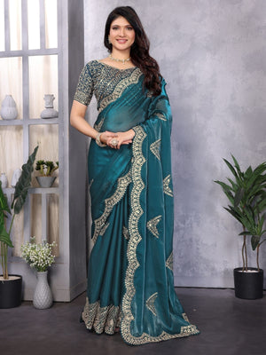Rajwada Teal Chiffon Embroidered Saree For Women