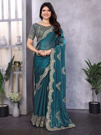 Rajwada Teal Chiffon Embroidered Saree For Women