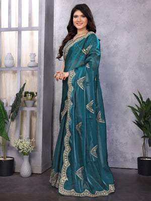 Rajwada Teal Chiffon Embroidered Saree For Women