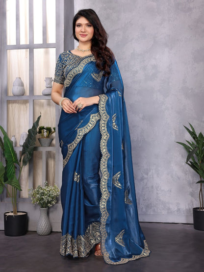 Rajwada Royal Blue Chiffon Embroidered Saree For Women