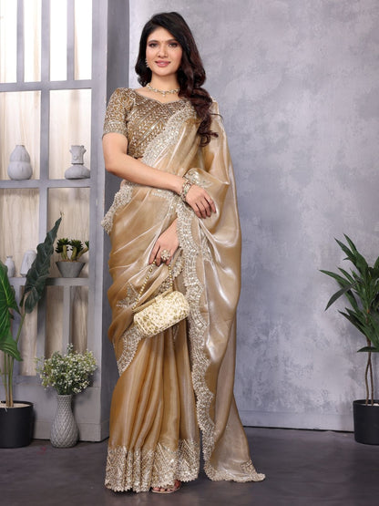 Rajwada Dark Beige Chiffon Embroidered Saree For Women