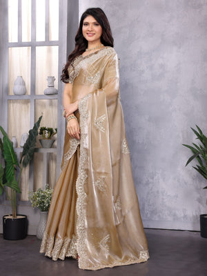 Rajwada Dark Beige Chiffon Embroidered Saree For Women