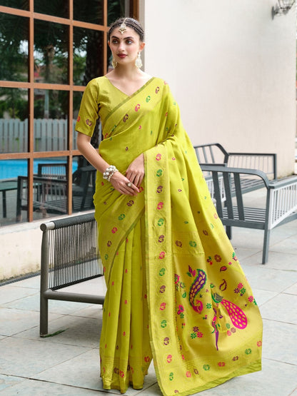 Rajwada Lime Green Silk Woven Paithani Saree For Women