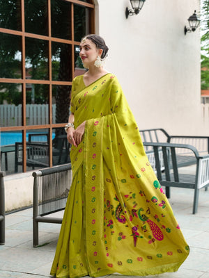 Rajwada Lime Green Silk Woven Paithani Saree For Women