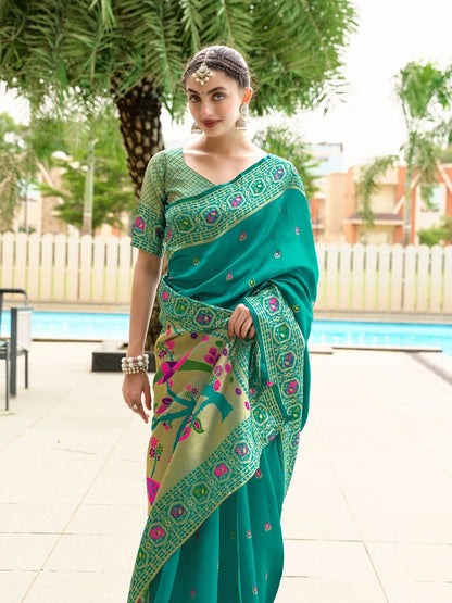 Rajwada Sea Green Silk Woven Paithani Saree For Women