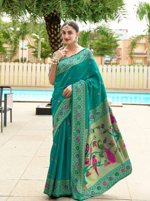 Rajwada Sea Green Silk Woven Paithani Saree For Women