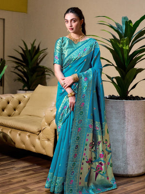 Rajwada Sky Blue Silk Woven Paithani Saree For Women