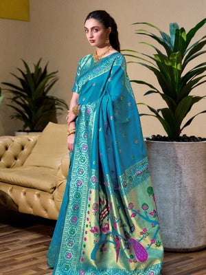 Rajwada Sky Blue Silk Woven Paithani Saree For Women