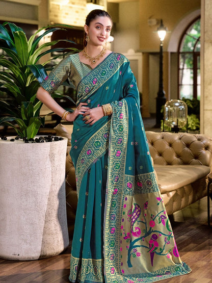 Rajwada Teal Blue Silk Woven Paithani Saree For Women
