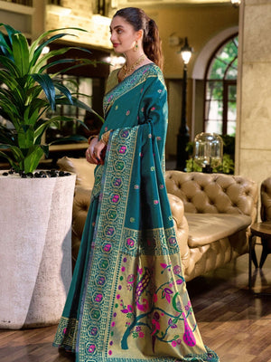 Rajwada Teal Blue Silk Woven Paithani Saree For Women