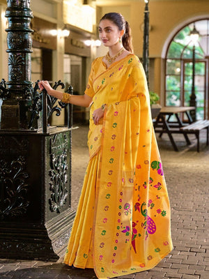 Rajwada Yellow Silk Woven Paithani Saree For Women