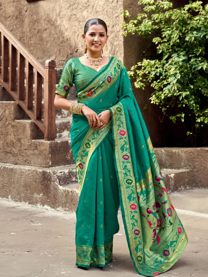 Rajwada Sea Green Silk Woven Paithani Saree For Women
