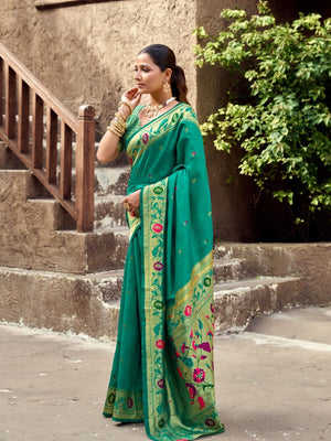 Rajwada Sea Green Silk Woven Paithani Saree For Women