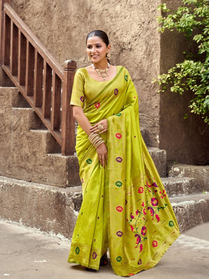 Rajwada Lime Green Silk Woven Paithani Saree For Women