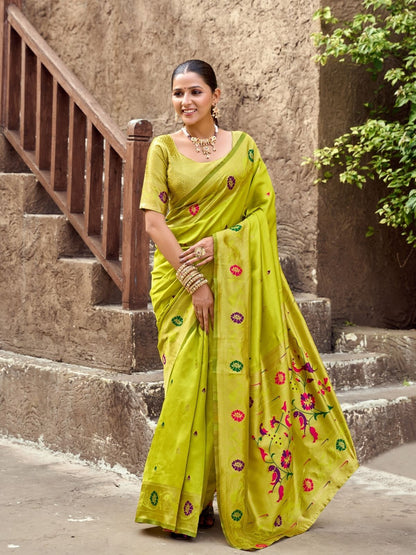 Rajwada Lime Green Silk Woven Paithani Saree For Women