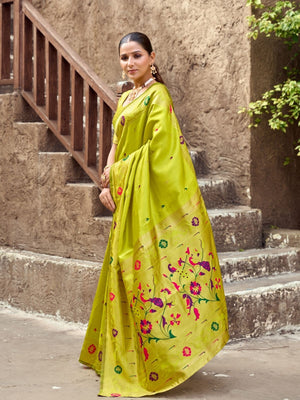 Rajwada Lime Green Silk Woven Paithani Saree For Women