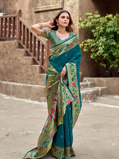 Rajwada Teal Blue Silk Woven Paithani Saree For Women