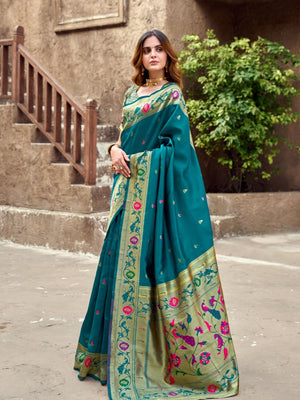 Rajwada Teal Blue Silk Woven Paithani Saree For Women