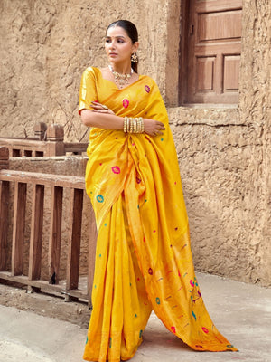 Rajwada Yellow Silk Woven Paithani Saree For Women