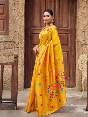 Rajwada Yellow Silk Woven Paithani Saree For Women