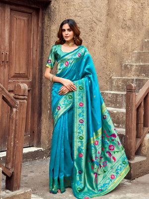 Rajwada Turquoise Blue Silk Woven Paithani Saree For Women