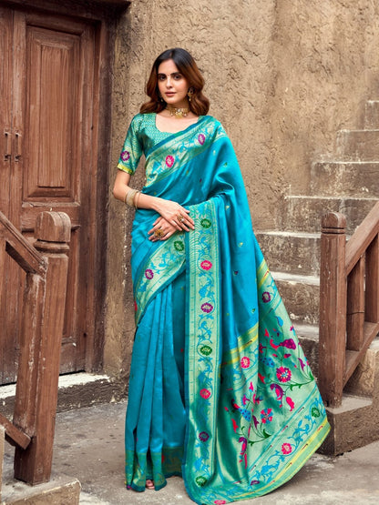 Rajwada Turquoise Blue Silk Woven Paithani Saree For Women