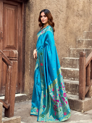 Rajwada Turquoise Blue Silk Woven Paithani Saree For Women