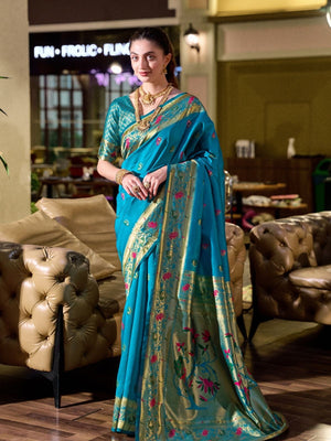 Rajwada Turquoise Blue Silk Woven Paithani Saree For Women