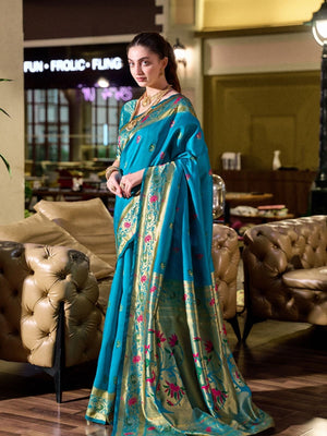 Rajwada Turquoise Blue Silk Woven Paithani Saree For Women