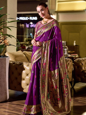 Rajwada Purple Silk Woven Paithani Saree For Women