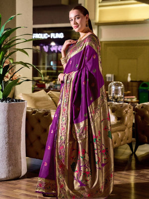Rajwada Purple Silk Woven Paithani Saree For Women