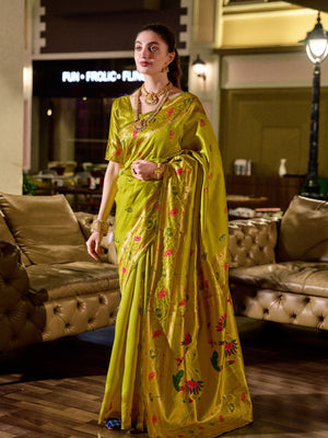 Rajwada Lime Green Silk Woven Paithani Saree For Women