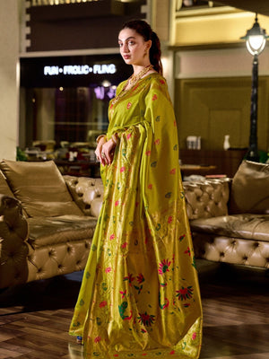 Rajwada Lime Green Silk Woven Paithani Saree For Women