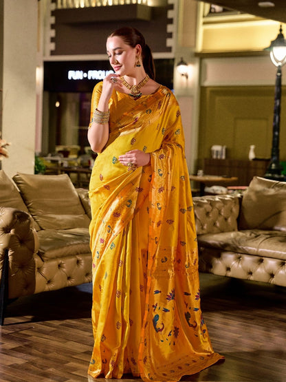 Rajwada Yellow Silk Woven Paithani Saree For Women
