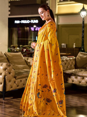 Rajwada Yellow Silk Woven Paithani Saree For Women
