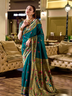 Rajwada Teal Blue Silk Woven Paithani Saree For Women