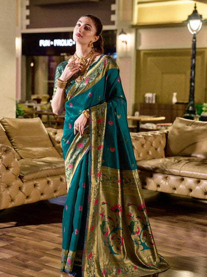 Rajwada Teal Blue Silk Woven Paithani Saree For Women