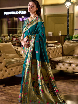 Rajwada Teal Blue Silk Woven Paithani Saree For Women