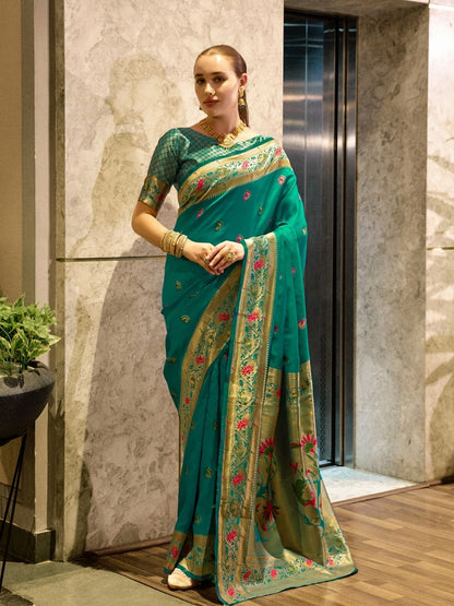 Rajwada Sea Green Silk Woven Paithani Saree For Women