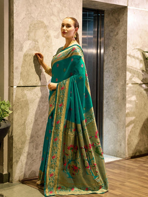 Rajwada Sea Green Silk Woven Paithani Saree For Women