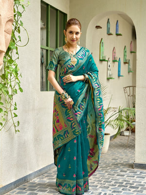 Rajwada Teal Green Silk Woven Paithani Saree For Women
