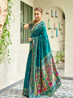 Rajwada Teal Green Silk Woven Paithani Saree For Women