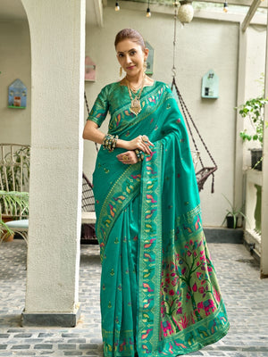 Rajwada Sea Green Silk Woven Paithani Saree For Women