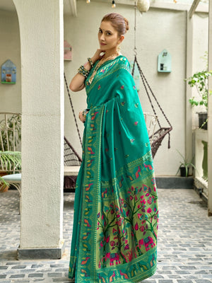 Rajwada Sea Green Silk Woven Paithani Saree For Women