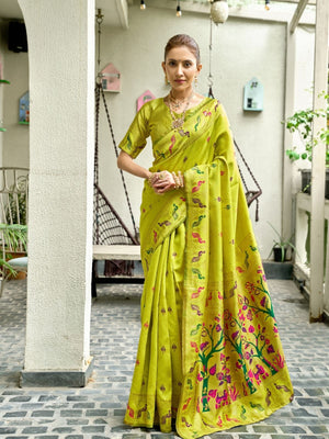 Rajwada Lime Green Silk Woven Paithani Saree For Women
