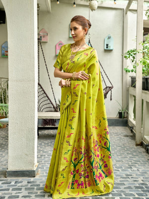Rajwada Lime Green Silk Woven Paithani Saree For Women