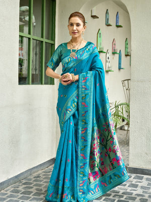 Rajwada Aqua Blue Silk Woven Paithani Saree For Women