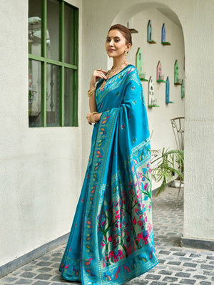 Rajwada Aqua Blue Silk Woven Paithani Saree For Women