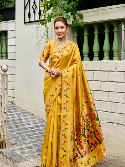 Rajwada Yellow Silk Woven Paithani Saree For Women